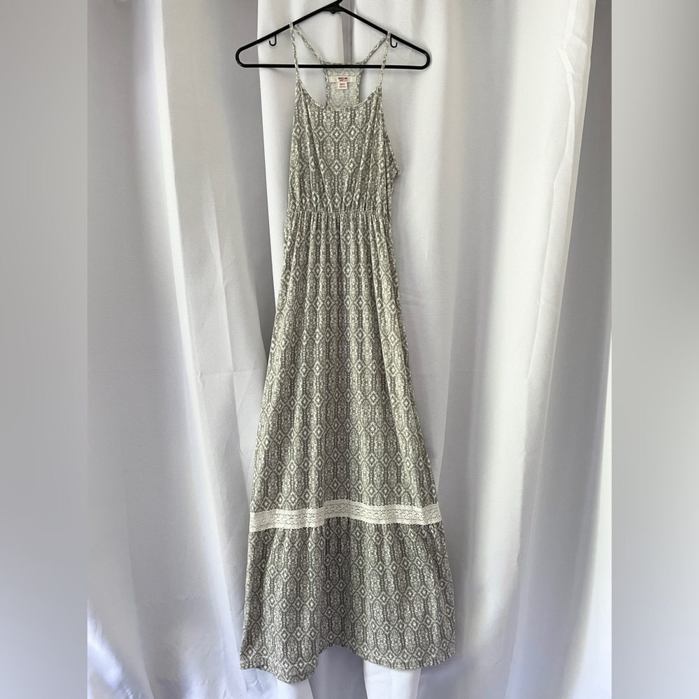 Mossimo Racerback Spaghetti Strap Maxi Dress Lace Gray Cream Geometric Sz XS